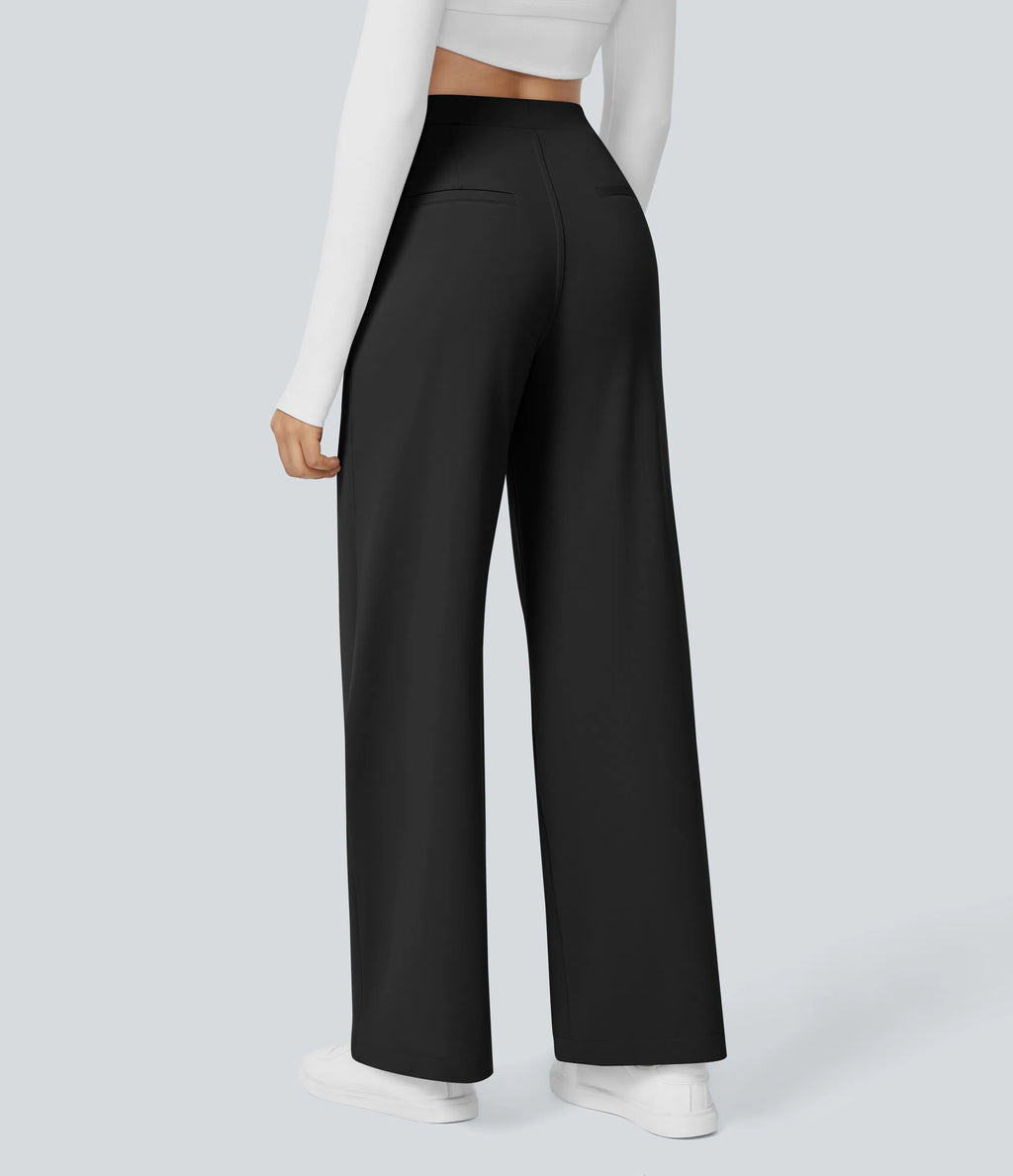 Black high-waisted stretch trousers – back view