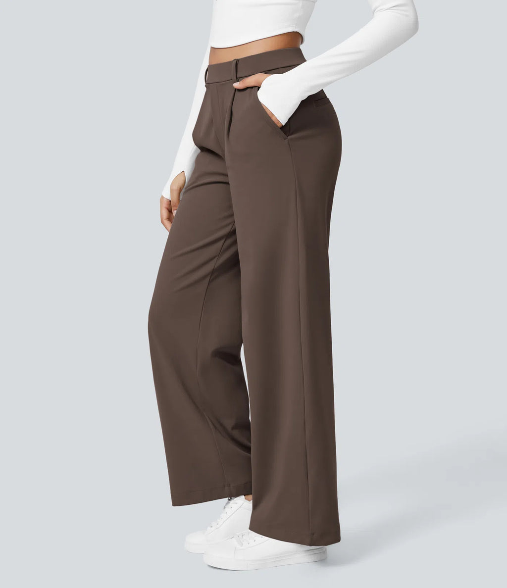 Chocolate high-waisted stretch trousers – side view