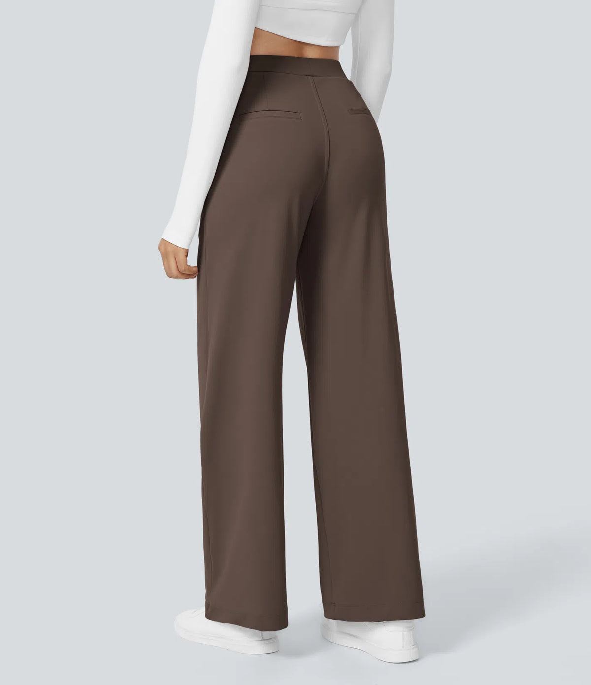 Chocolate high-waisted stretch trousers – back view