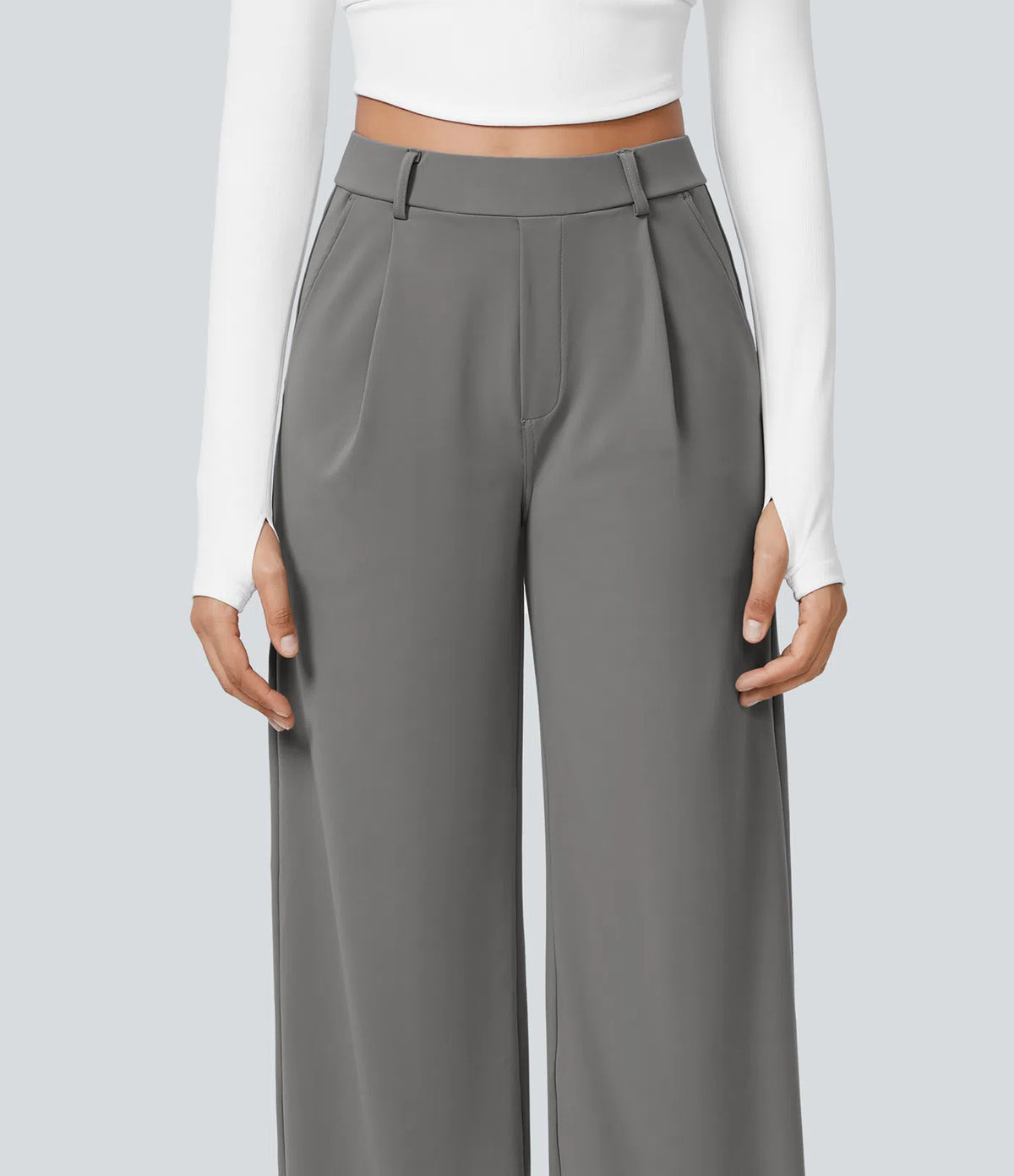 Grey high-waisted stretch trousers – front view