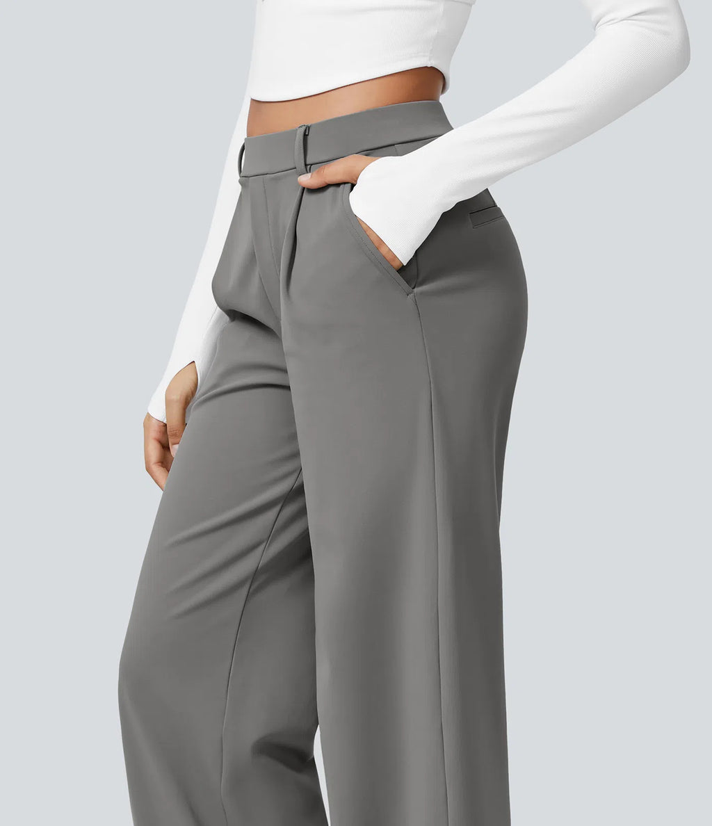 Grey high-waisted stretch trousers – side view