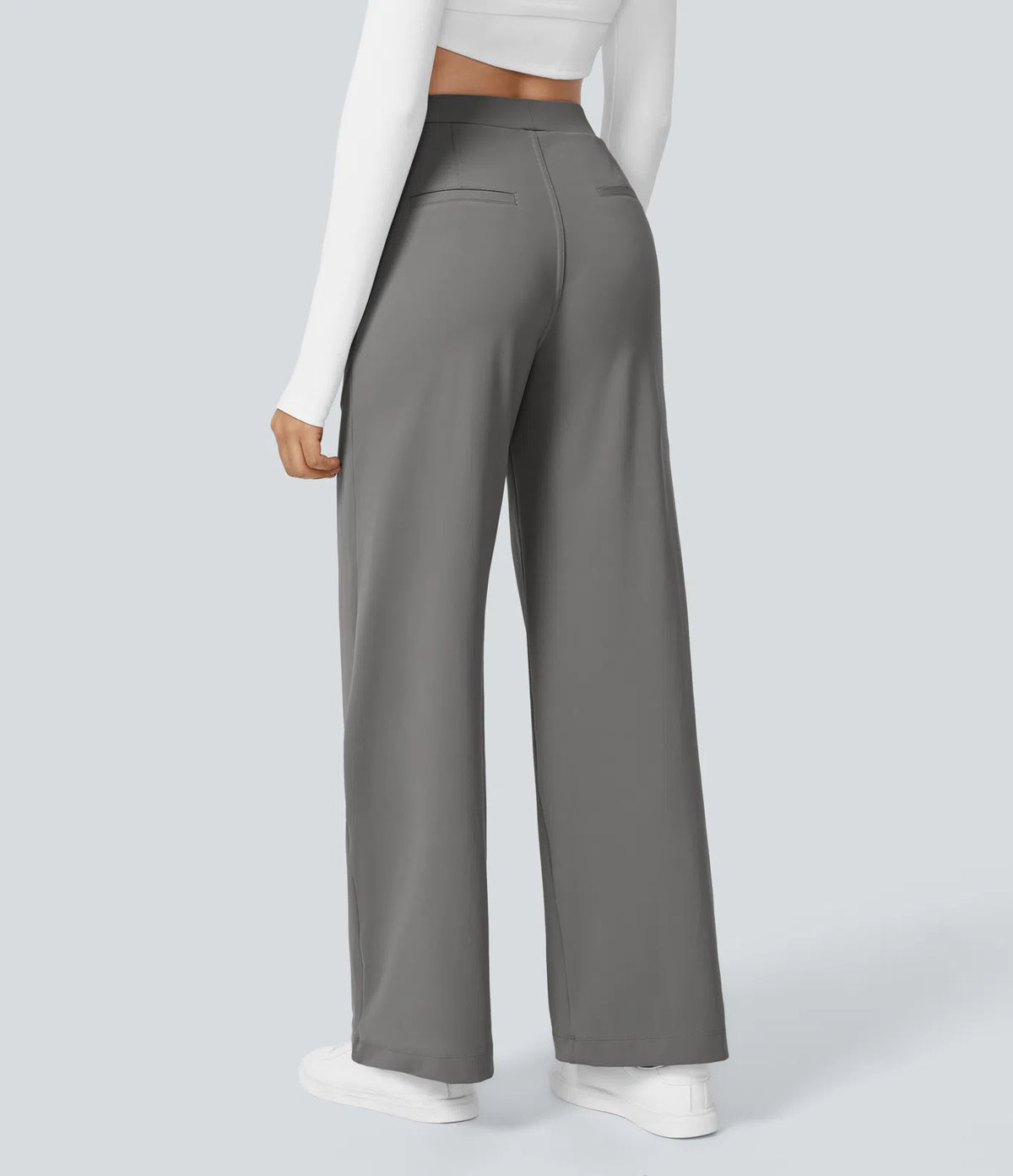 Grey high-waisted stretch trousers – back view