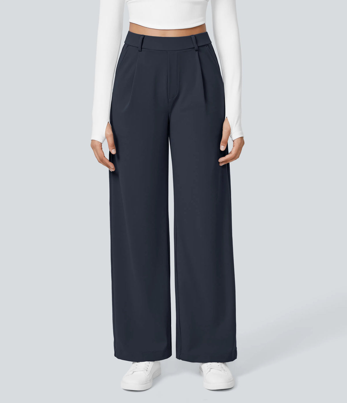 Navy high-waisted stretch trousers – front view