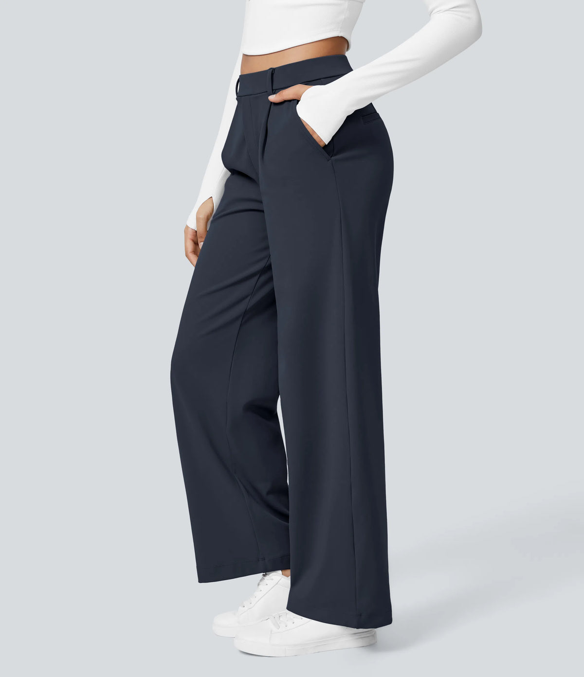 Navy high-waisted stretch trousers – side view