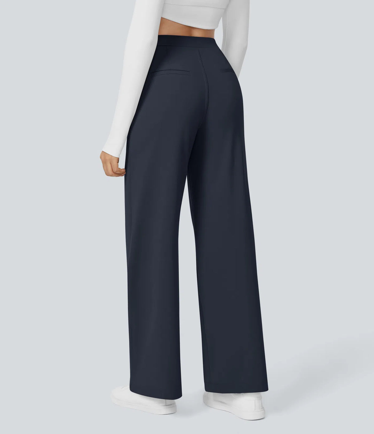 Navy high-waisted stretch trousers – back view