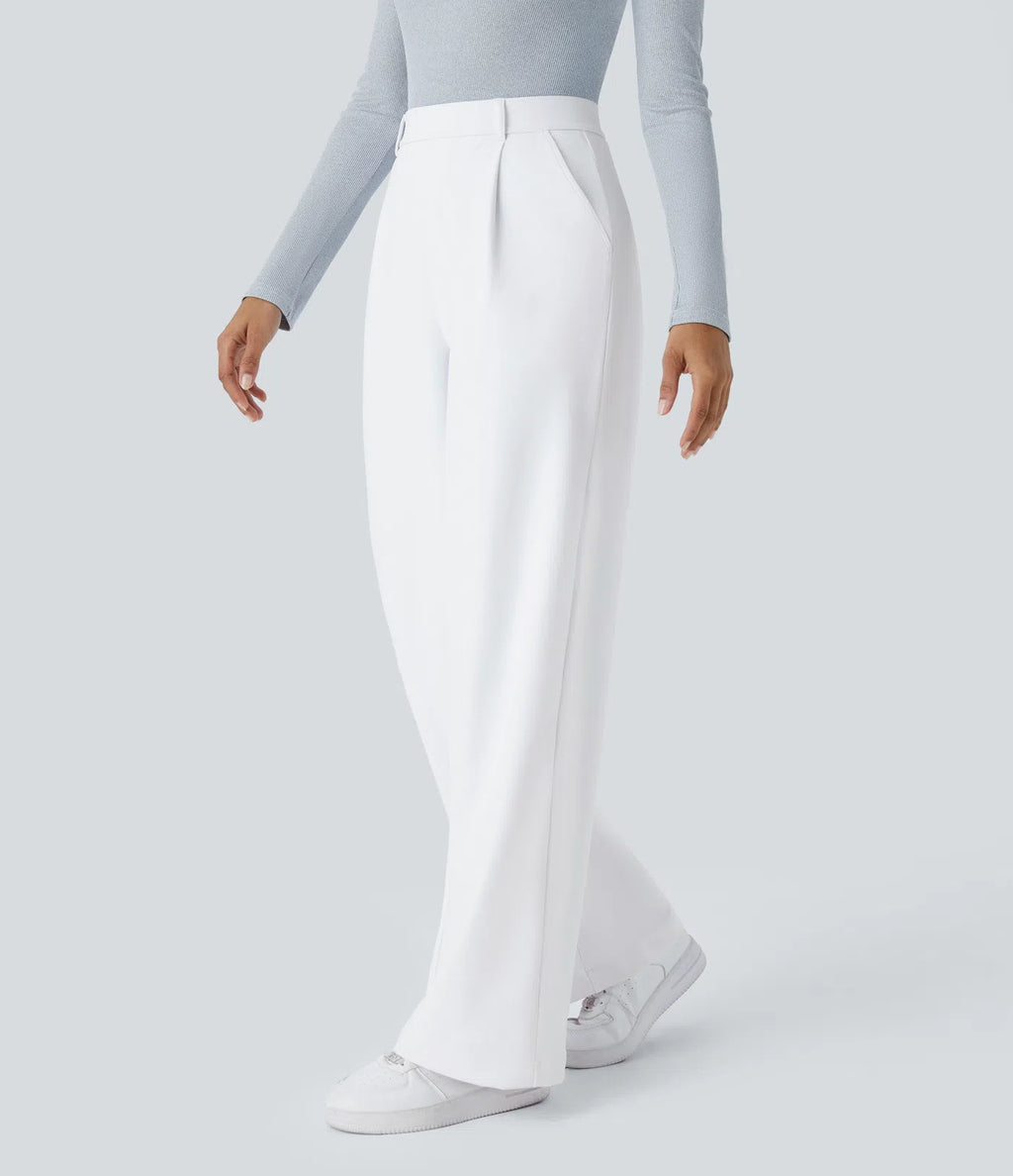 White high-waisted stretch trousers – side view