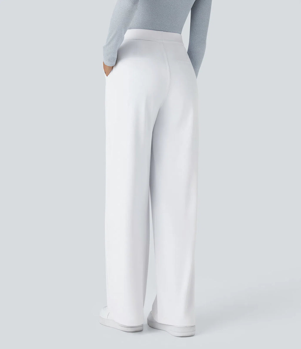 White high-waisted stretch trousers – back view